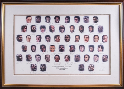 NBA 50 Greatest Players Litho Completely Signed In 51x37 Framed Display- LE 18/50 (JSA)